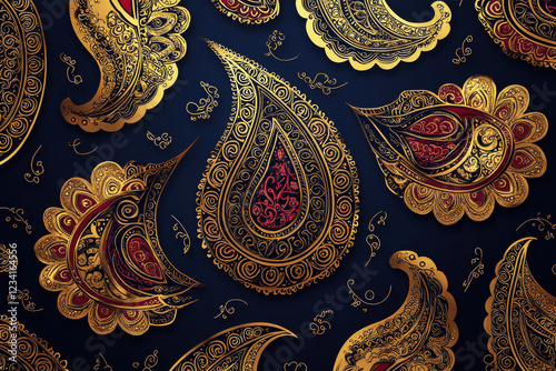 Intricate paisley pattern in gold and crimson on deep navy blue background for a regal aesthetic