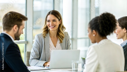 Female manager working with colleagues in office, consulting client or investor, hr taking job interview. Happy busy business people corporate executive recruitment team talking at group meeting	
