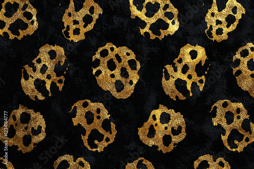 Luxurious leopard print pattern featuring metallic gold spots on black velvet for premium fashion and accessory design photo