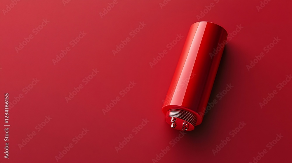 Red cylindrical battery on red background; product shot Red cylindrical battery on red background; product shot