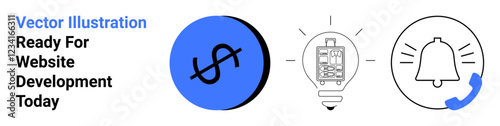 Dollar sign emphasizing finance, lightbulb showcasing innovation through technology, and a bell representing notification and communication. Ideal for business, startups, apps, notifications