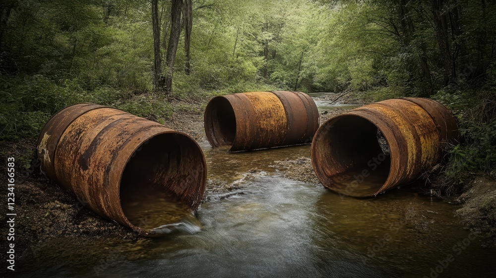 Rusty Metal Pipes in a Forest Stream Surrounded by Lush Foliage Rusty Metal Pipes in a Forest Stream Surrounded by Lush Foliage
