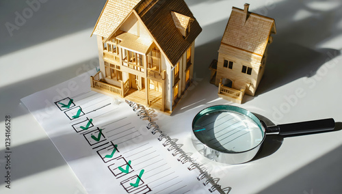 A wooden model house beside a checklist filled notepad and magnifying glass