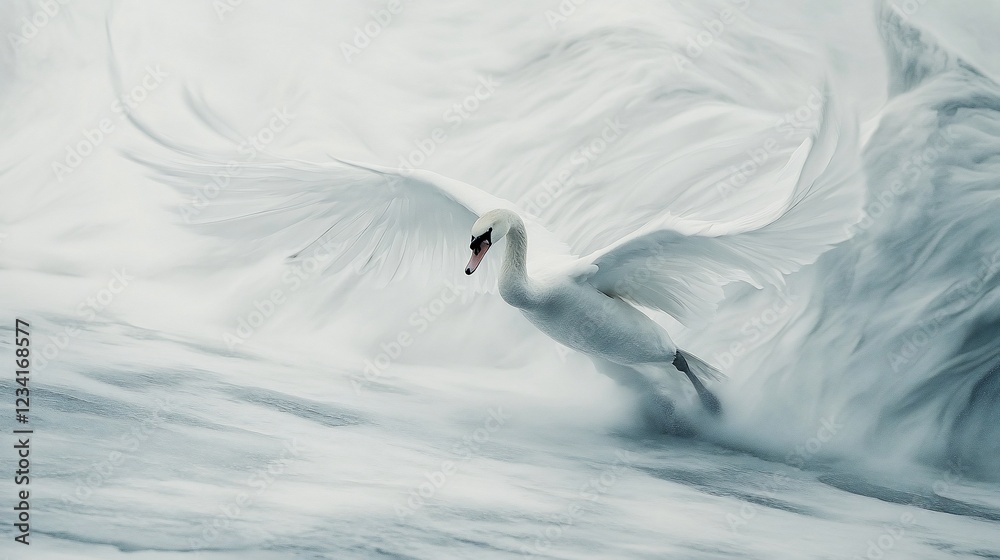 White swan takes flight, wings spread, amidst swirling water, serene background, ideal for peaceful imagery White swan takes flight, wings spread, amidst swirling water, serene background, ideal for peaceful imagery