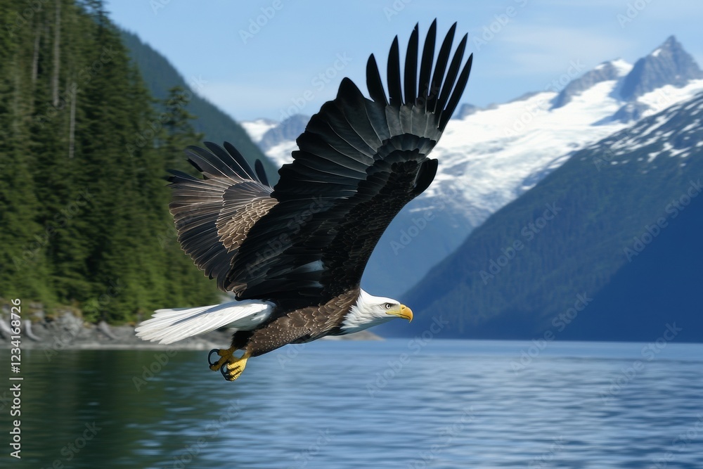 Bald Eagle flying. bird of prey against autumn background, Mountain View sky and tree, yellow grass and forest Bald Eagle flying. bird of prey against autumn background, Mountain View sky and tree, yellow grass and forest