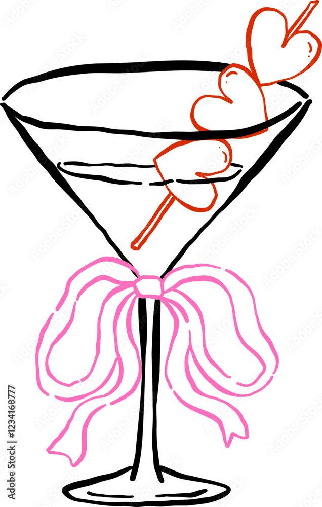 Martini Glass Heart shaped Olive with Bow Outline Martini Glass Heart shaped Olive with Bow Outline