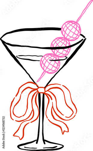 Groovy Martini Glass Disco Ball Olive with Bow Outline