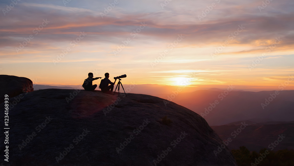 Fototapeta premium Two people adjust a telescope atop a rocky outcrop at sunset