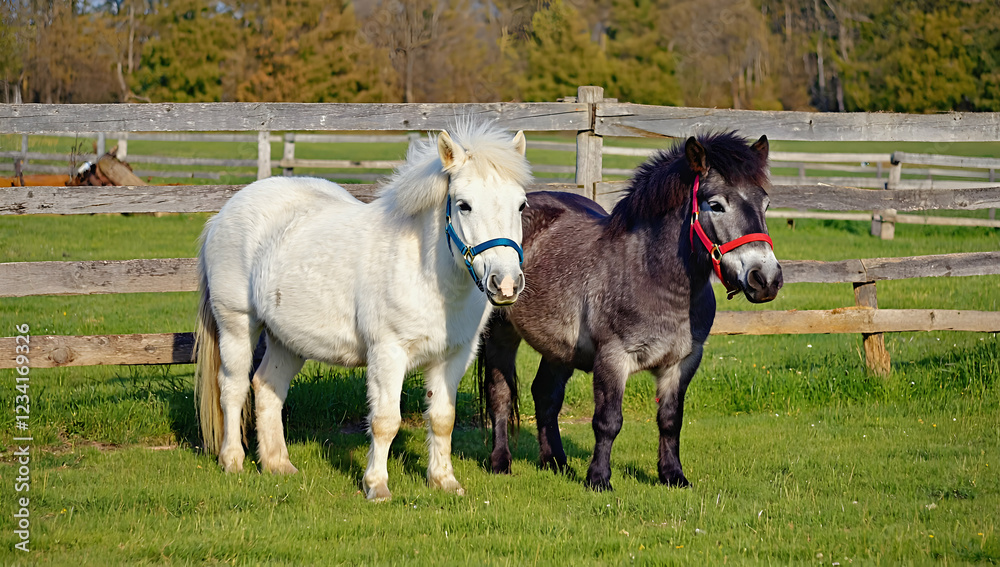 Obraz premium Two horses with halters stand behind a rustic wooden fence