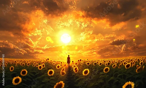 Person walking through sunflower field at sunset, serene scene