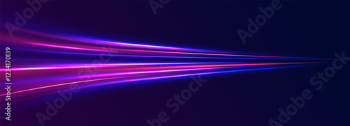 Acceleration speed motion on night road. Magic moving fast speed police lines. Blurred car light motion effect, city road background with long exposure night lights.	