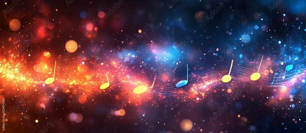 Colorful musical notes floating in a cosmic background filled with stars and vibrant colors Colorful musical notes floating in a cosmic background filled with stars and vibrant colors
