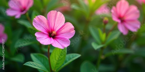 Pink flower amidst a bed of lush green leaves, blossoms, blooms, pink flower