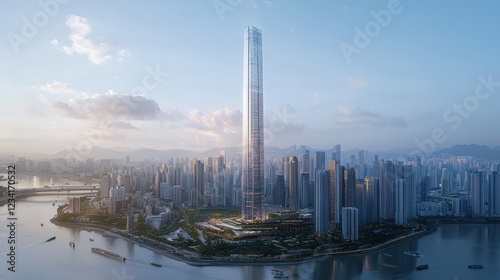 A city skyline with a tall building in the middle. Generative AI