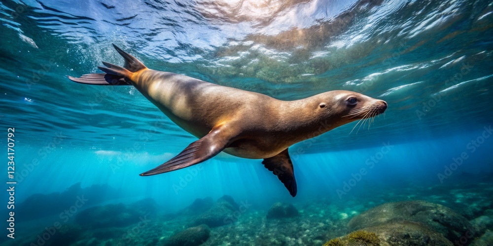 Obraz premium Majestic Sea Lion Swimming Gracefully Underwater in Clear Waters
