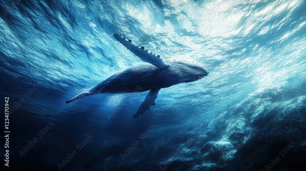 Fototapeta premium Humpback Whale Breaching in Vast Blue Ocean.
