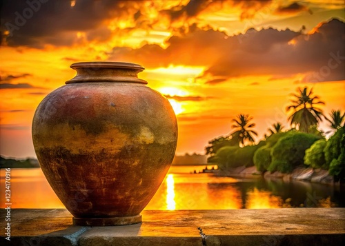 Ancient Thai clay pot silhouette at sunset, a striking Asian artifact against the fiery sky.
