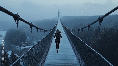 Woman running suspension bridge winter landscape