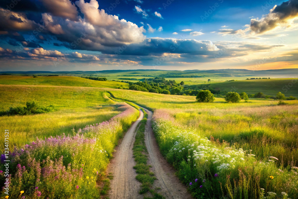 Obraz premium photo of a lush green land with a winding dirt road leading to the horizon