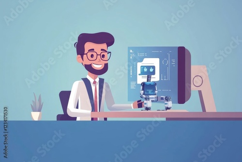 Modern Businessman Collaborating with Artificial Intelligence Robot, 