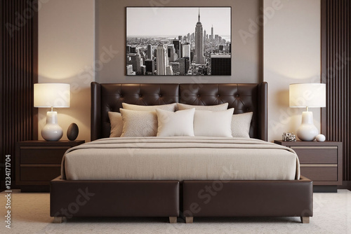 Modern stylish bedroom with leather   upholstered headboard