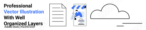 Shopfront with striped awning and delivery, document page icon, cloud element representing storage or connectivity. Ideal for e-commerce, logistics, digital marketing, cloud solutions, startups