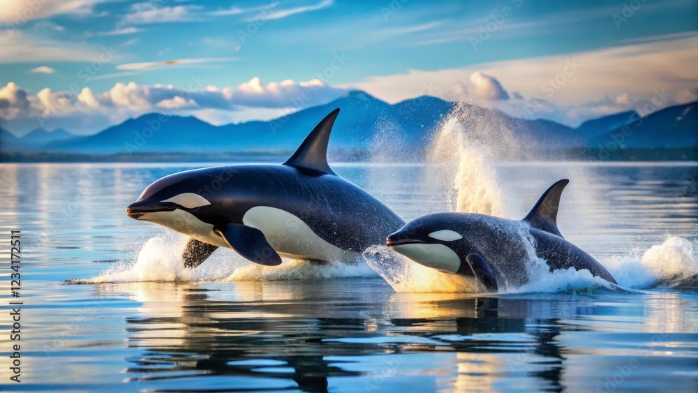 Obraz premium Two Orcas Swimming in Calm Blue Water under Scenic Mountain View
