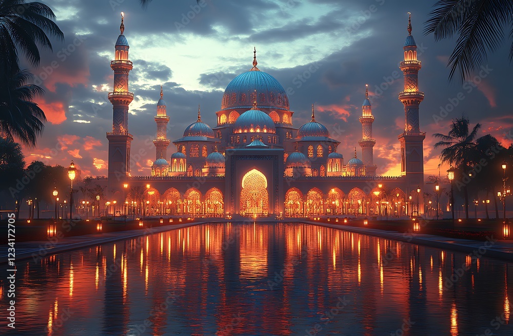 Obraz premium Illuminated mosque with reflective pool at twilight