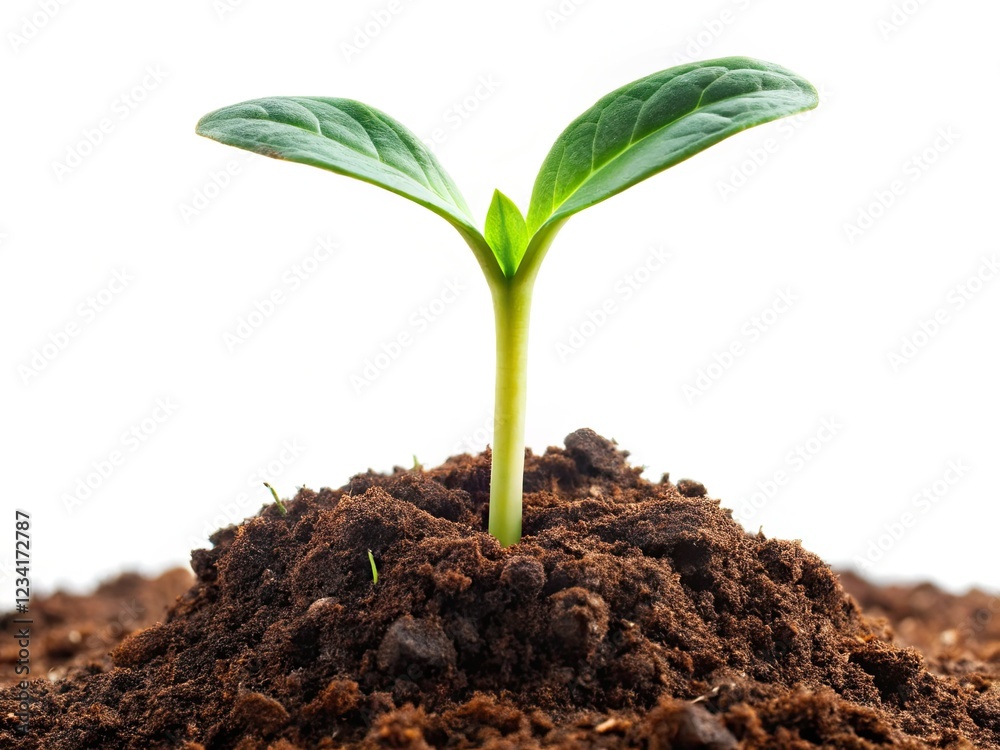 A tiny sunflower sprout, four leaves unfurling, nestled in soil against a pristine white backdrop. Ample copy space.