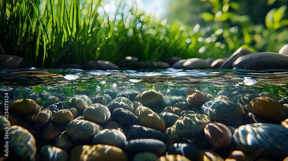 Fototapeta premium Crystal Clear River Water Flowing Over Smooth Pebbles and