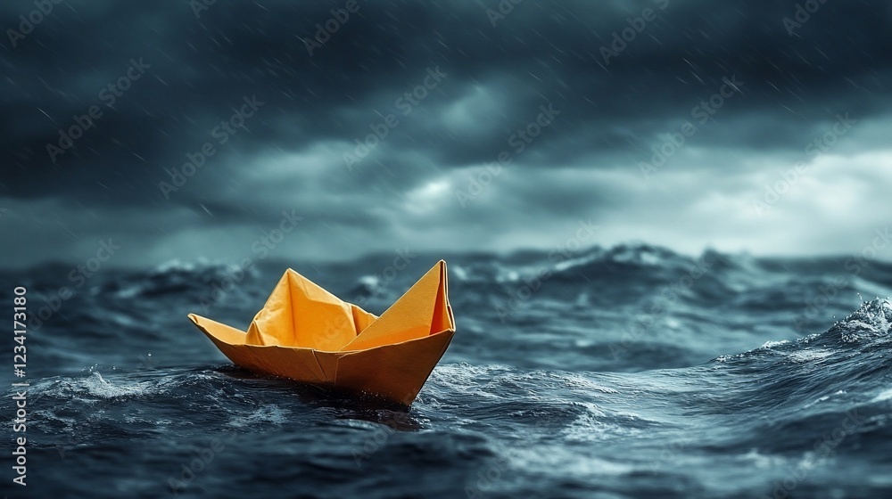 Obraz premium Paper boat stormy sea rain clouds vulnerability hope