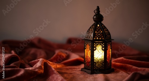 A single ornate lantern on velvet fabric with warm glow in dim setting, symbolizing the spiritual light of Ramadan. photo