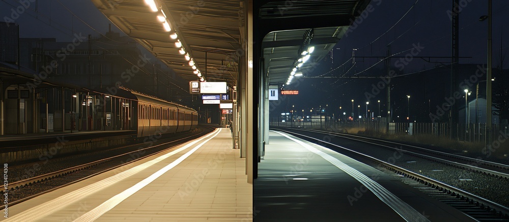 Naklejka premium Night train station platform, empty tracks, city background; travel, transportation