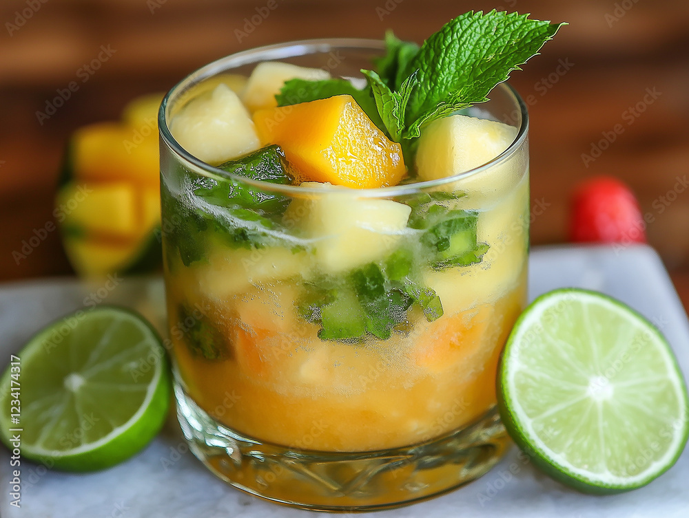 Bright and colorful fruit salad caipirinha bursts with freshness from mint leaves, featuring juicy mango, pineapple, and lime slices for a perfect warm weather drink. Generative AI Bright and colorful fruit salad caipirinha bursts with freshness from mint leaves, featuring juicy mango, pineapple, and lime slices for a perfect warm weather drink. Generative AI