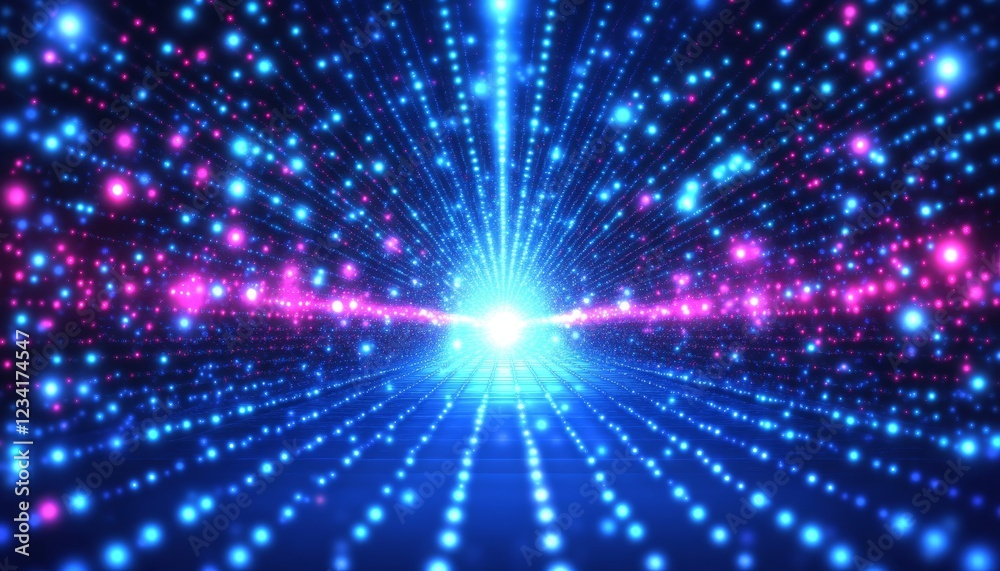 Neon Blue and Pink Grid with Light Trails, Forming a Futuristic Tunnel, Digital Art Background. Neon Blue and Pink Grid with Light Trails, Forming a Futuristic Tunnel, Digital Art Background.