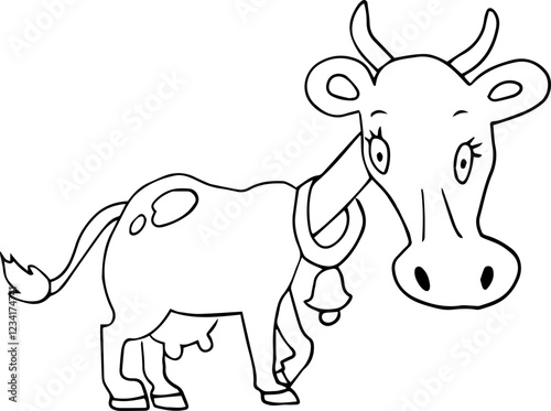 Surprised cow with a bell on her neck looks at the camera