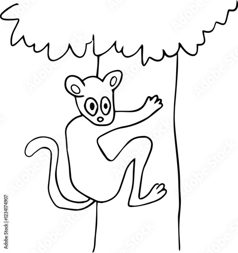 a frightened animal with a long tail clings to a tree