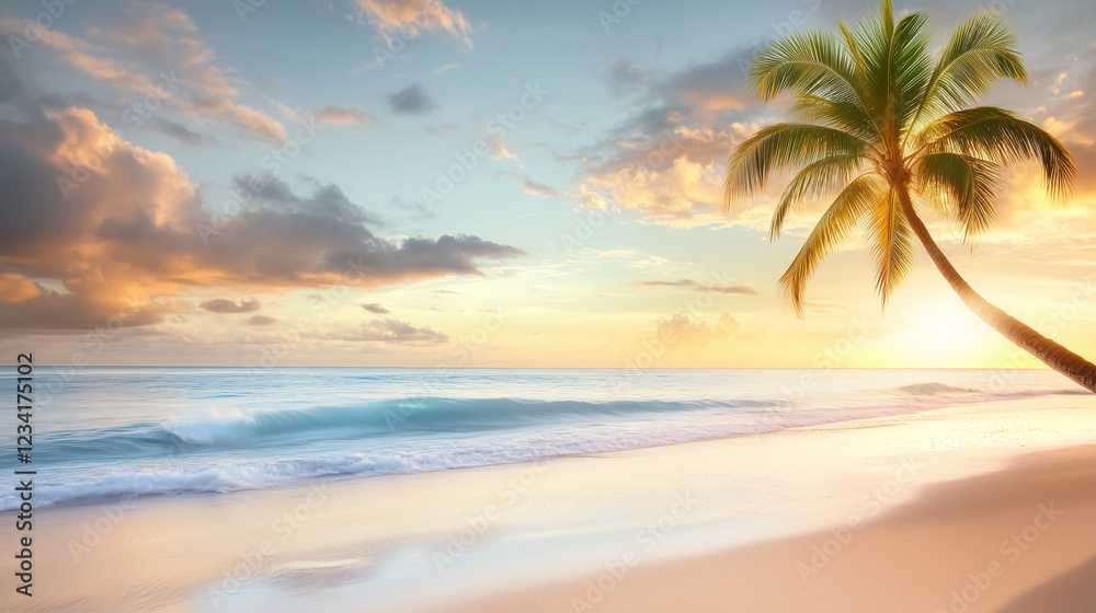 Obraz premium An idyllic beach at dawn, with gentle waves meeting the shore and a stunning sky filled with soft clouds, evoking a sense of peace and beauty