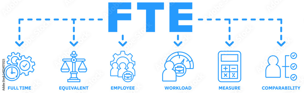 FTE banner web icon vector illustration concept of full time equivalent with icon of full-time, equivalent, employee, workload, measure and comparability FTE banner web icon vector illustration concept of full time equivalent with icon of full-time, equivalent, employee, workload, measure and comparability