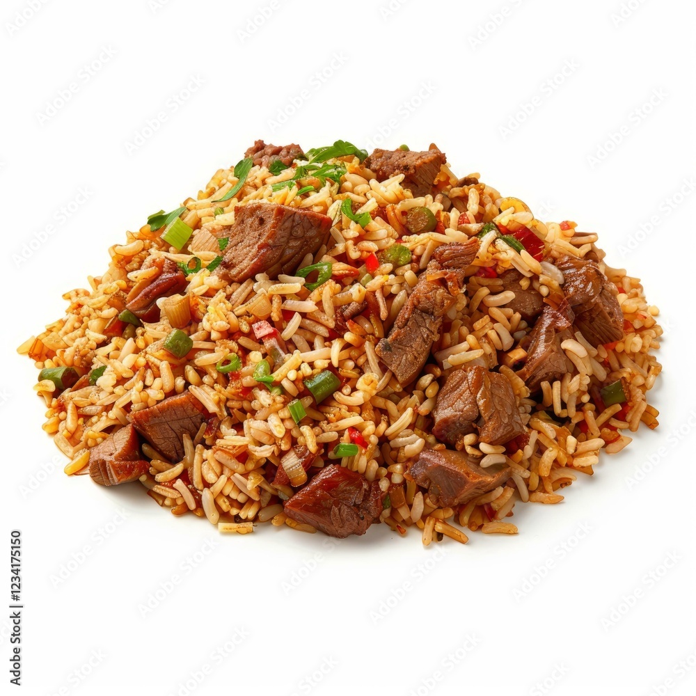 Tasty rice pilaf with vegetables, herbs and pieces of beef isolated on white background Tasty rice pilaf with vegetables, herbs and pieces of beef isolated on white background