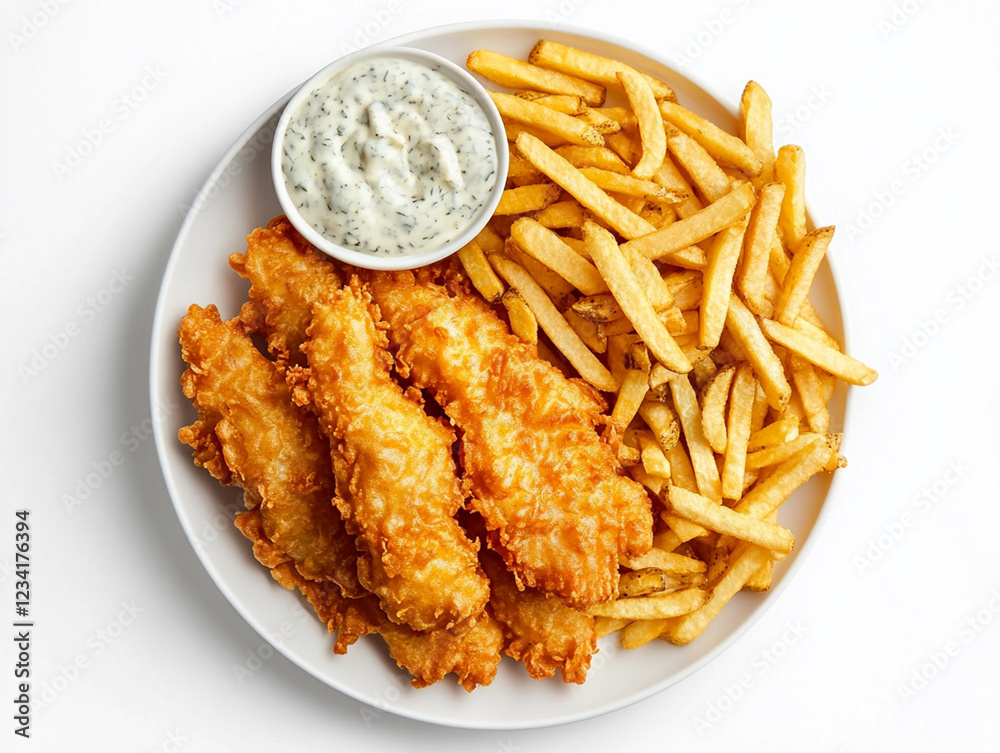 A delectable plate features crispy fried fish paired with a generous portion of golden fries and a side of creamy dipping sauce, inviting diners to savor a traditional meal. Generative AI A delectable plate features crispy fried fish paired with a generous portion of golden fries and a side of creamy dipping sauce, inviting diners to savor a traditional meal. Generative AI