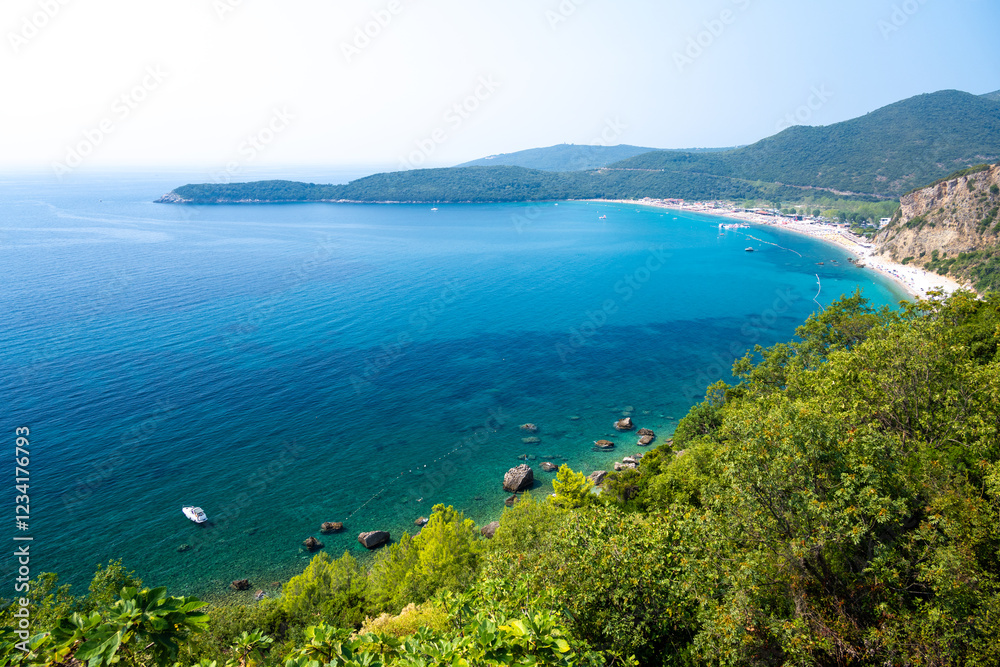 view on Jaz beach with azure adriatic sea in Budva view on Jaz beach with azure adriatic sea in Budva