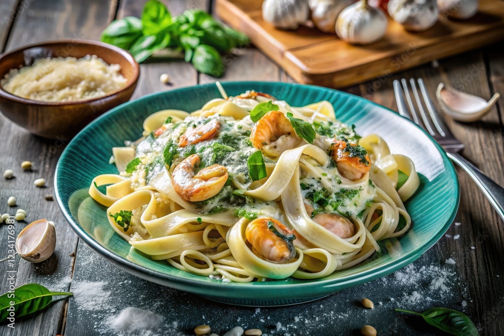 Creamy parmesan pasta, bursting with spinach and succulent seafood.