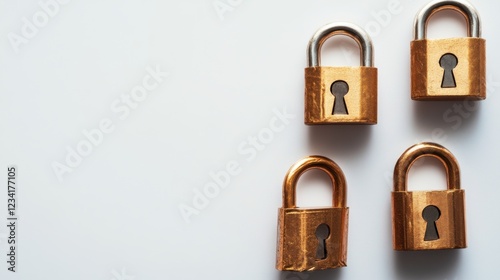 Four antique padlocks arranged on a clean surface, showcasing their unique designs and shapes