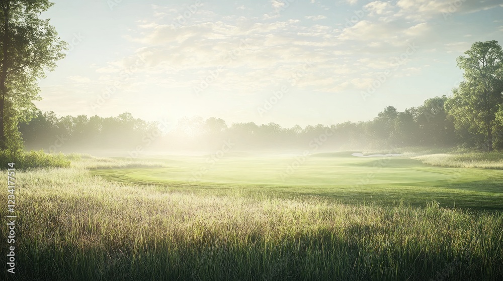 Serene Early Morning Golf Course Landscape with Soft Light and Mist Serene Early Morning Golf Course Landscape with Soft Light and Mist