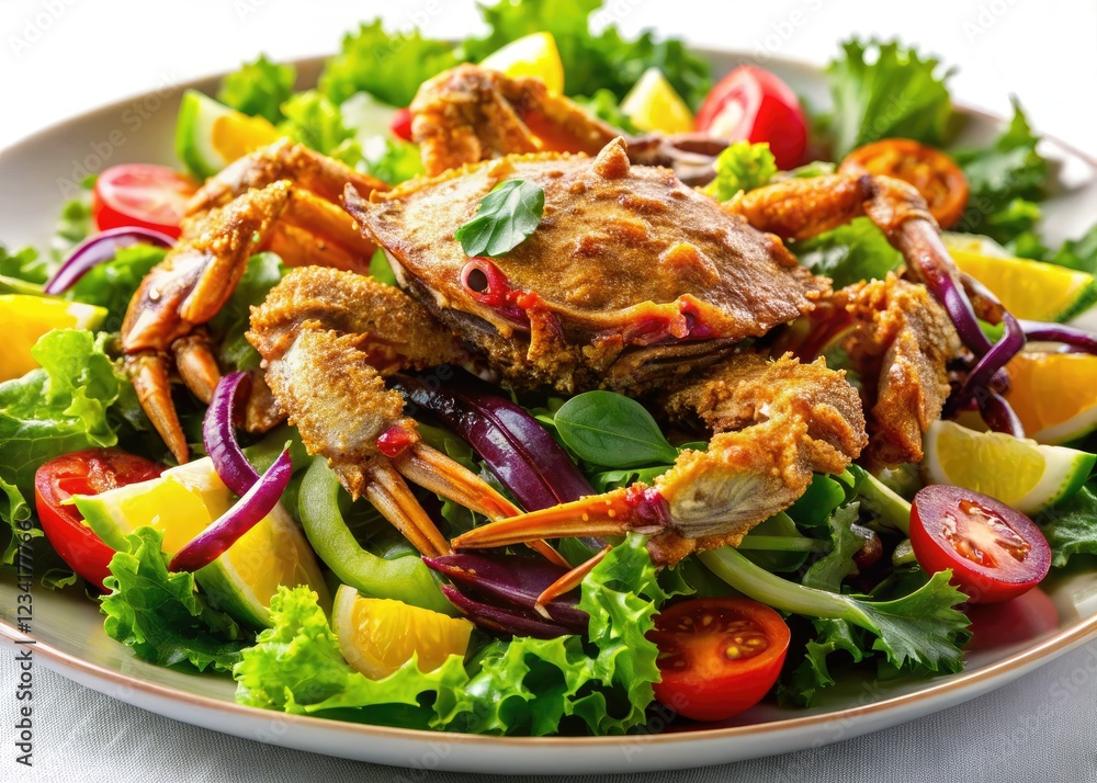 Crisp soft shell crab, vibrant salad, delightful seafood. Copy space available. Crisp soft shell crab, vibrant salad, delightful seafood. Copy space available.