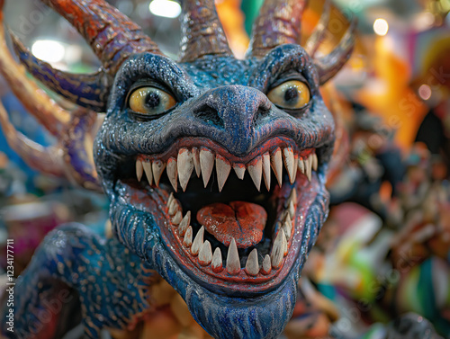 A striking dragon mask with fierce features and vivid colors stands out amidst the lively atmosphere of the Samba school parade at Rio Carnival. Generative AI photo