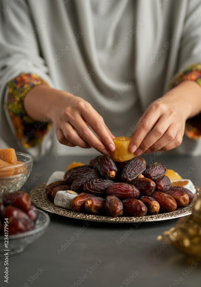 Close-up of hands arranging dates on decorative plate for Ramadan iftar preparation Close-up of hands arranging dates on decorative plate for Ramadan iftar preparation