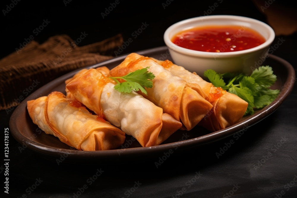 Deep-fried spring rolls served with sweet and sour plum sauce ketchup food appetizer. Deep-fried spring rolls served with sweet and sour plum sauce ketchup food appetizer.