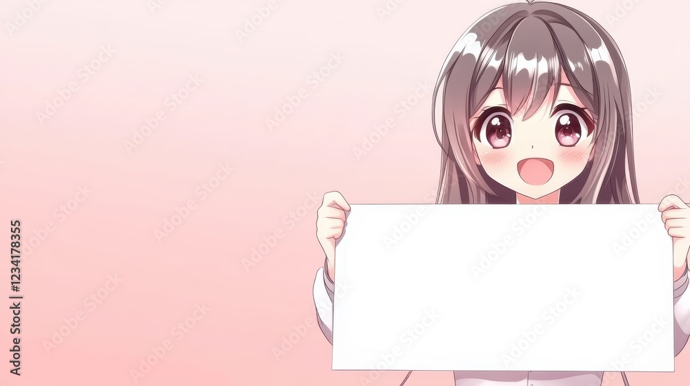 Cheerful girl with Sparkling Eyes Holding Blank Scroll Against Soft Pink Gradient Background Cheerful girl with Sparkling Eyes Holding Blank Scroll Against Soft Pink Gradient Background